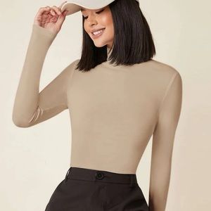 Long sleeve turtleneck fold down collar fitted minimalist tee beige tan